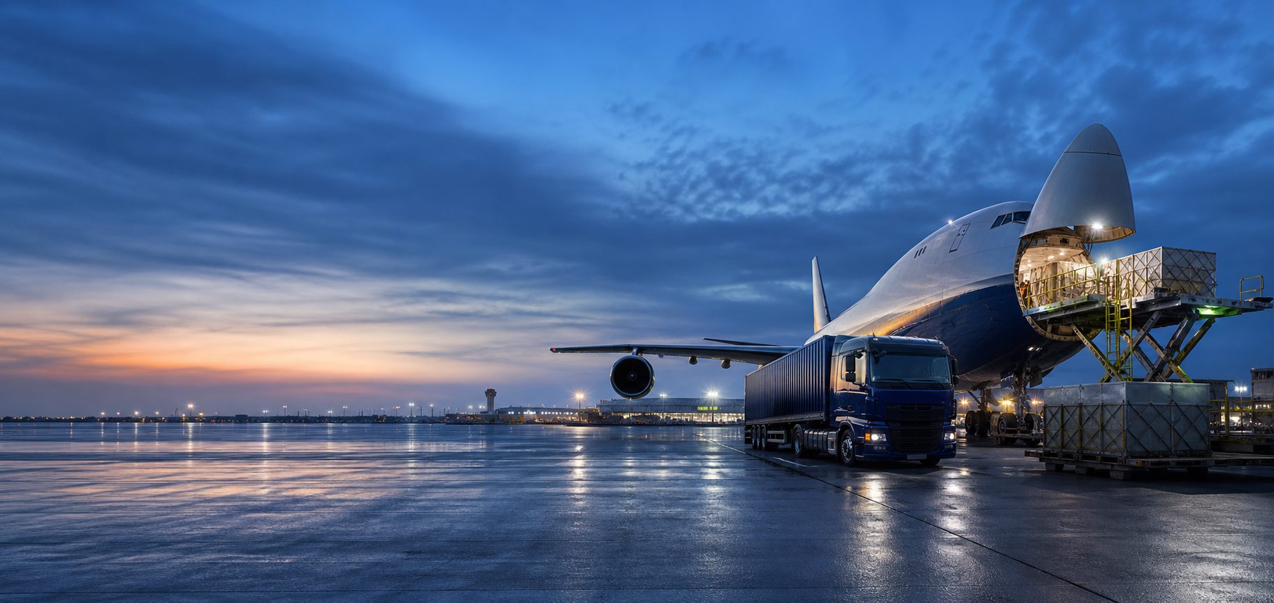 Cargo aircraft and freight truck at an international air-freight terminal